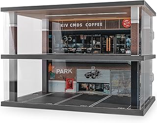 kivcmds 1:24 Scale Car Model Display Case with Parking Lot Scene for Car Model Toys and Lego, Display Stand for Alloy Car Model Toys with Light and Dust Cover (Coffee Bar Parking Lot)