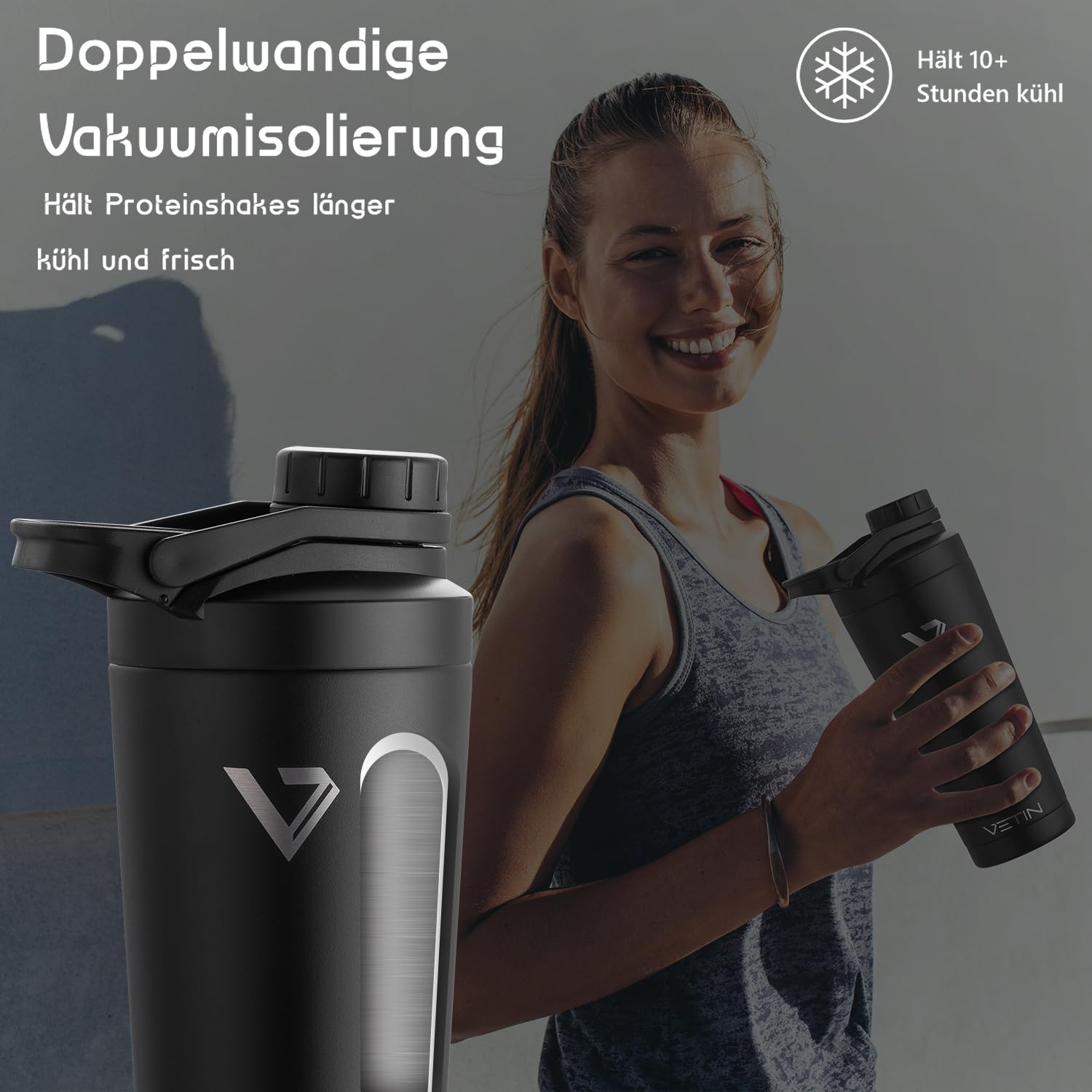 VETIN Thermo Protein Shaker, Proteinshake Edelstahl 750 ml | Doppelwandige Isolierung, Integrierte Messskala, Auslaufsicher, Abnehmbares Deckel-Sieb, für Fitnessstudio oder Outdoor-Sport
