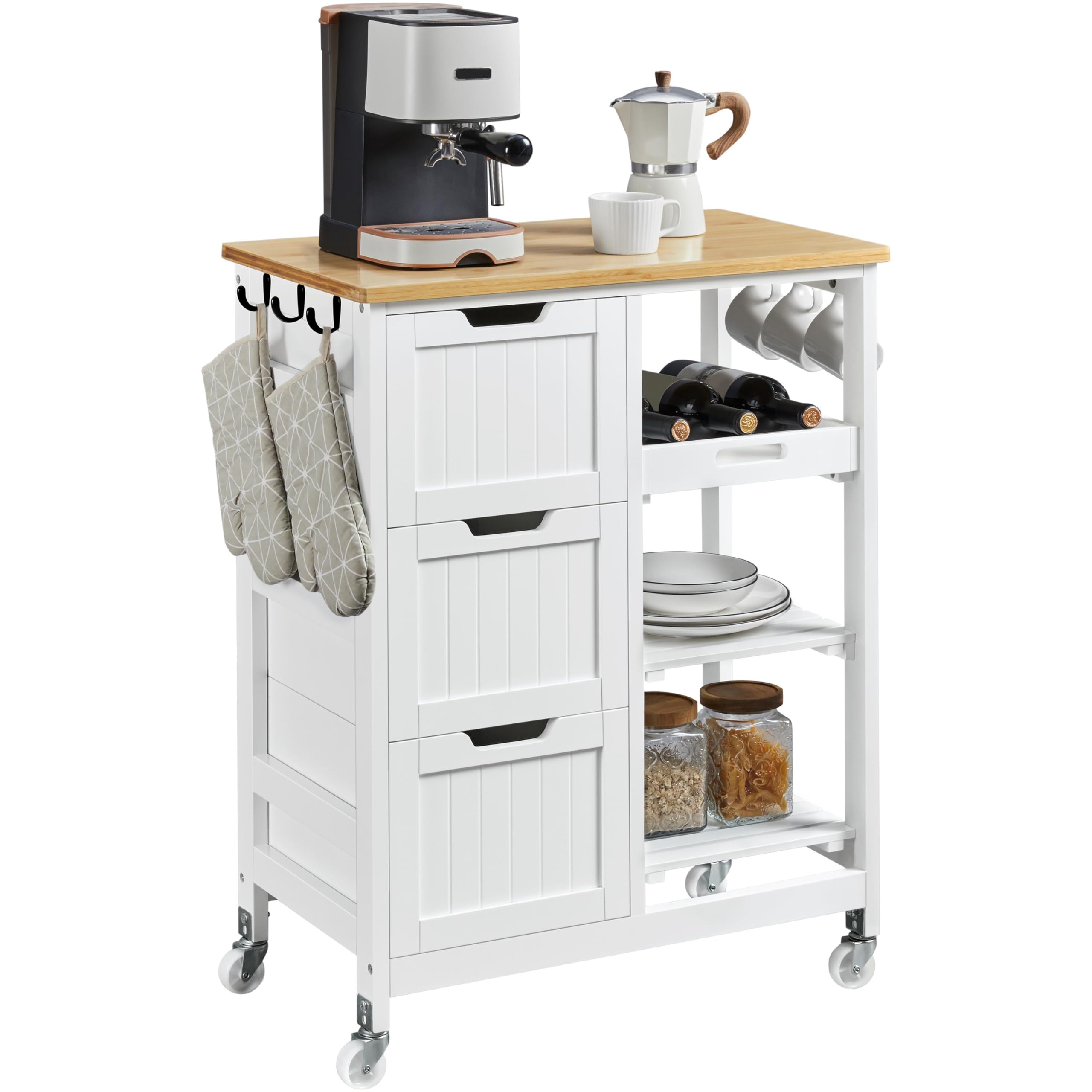 Yaheetech Kitchen Storage Trolley on Wheels, Rolling Kitchen Island Cart with 3 Drawers and 3 Shelves, Mobile Storage Sevring Trolley Cart for Dining Room, Bathroom, Laundry, Living Room, White