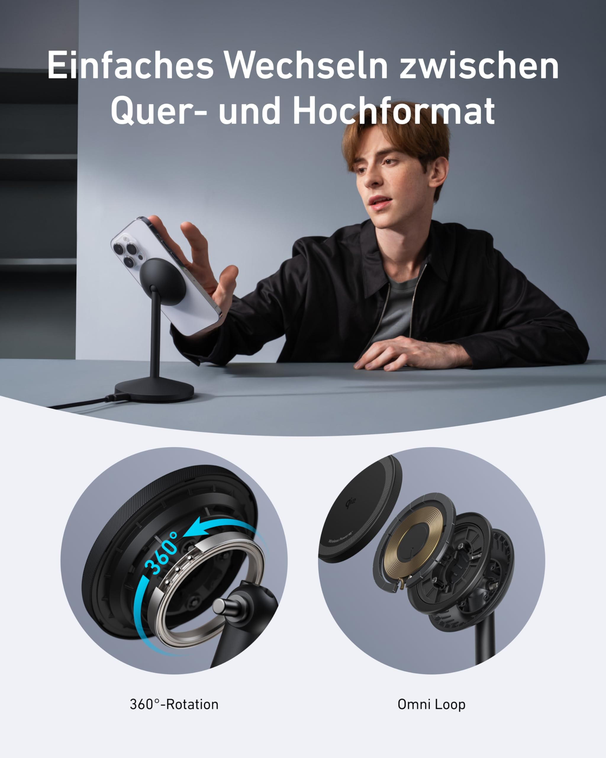 Anker MagGo kabellose Ladestation, 15W Qi2 für MagSafe, Ständer mit USB-C Kabel, Magnetisches Ladegerät für iPhone 17/16/15/14/13/12, AirPods (ohne Netzteil)