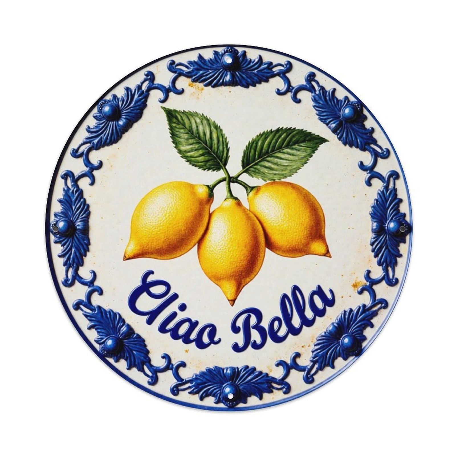 Lemon Branch Blue Border Ciao Bella Round Metal Tin Sign Vintage Wall Decor, Bar Garage Cafe Kitchen Home Wall Art Poster 8x8inches