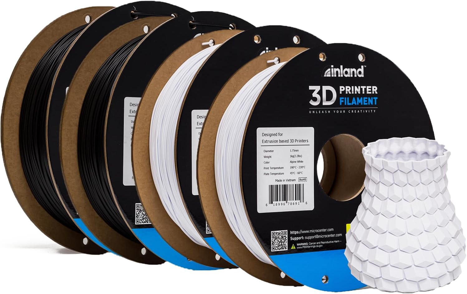 Inland PLA Filament Bundle 1.75mm, 4KG 3D Printer Filament, Dimensional Accuracy +/- 0.02 mm, 4 Pack Filament, Fits Most FDM 3D Printers (Coal Black & Alpine White, 4 Pack)