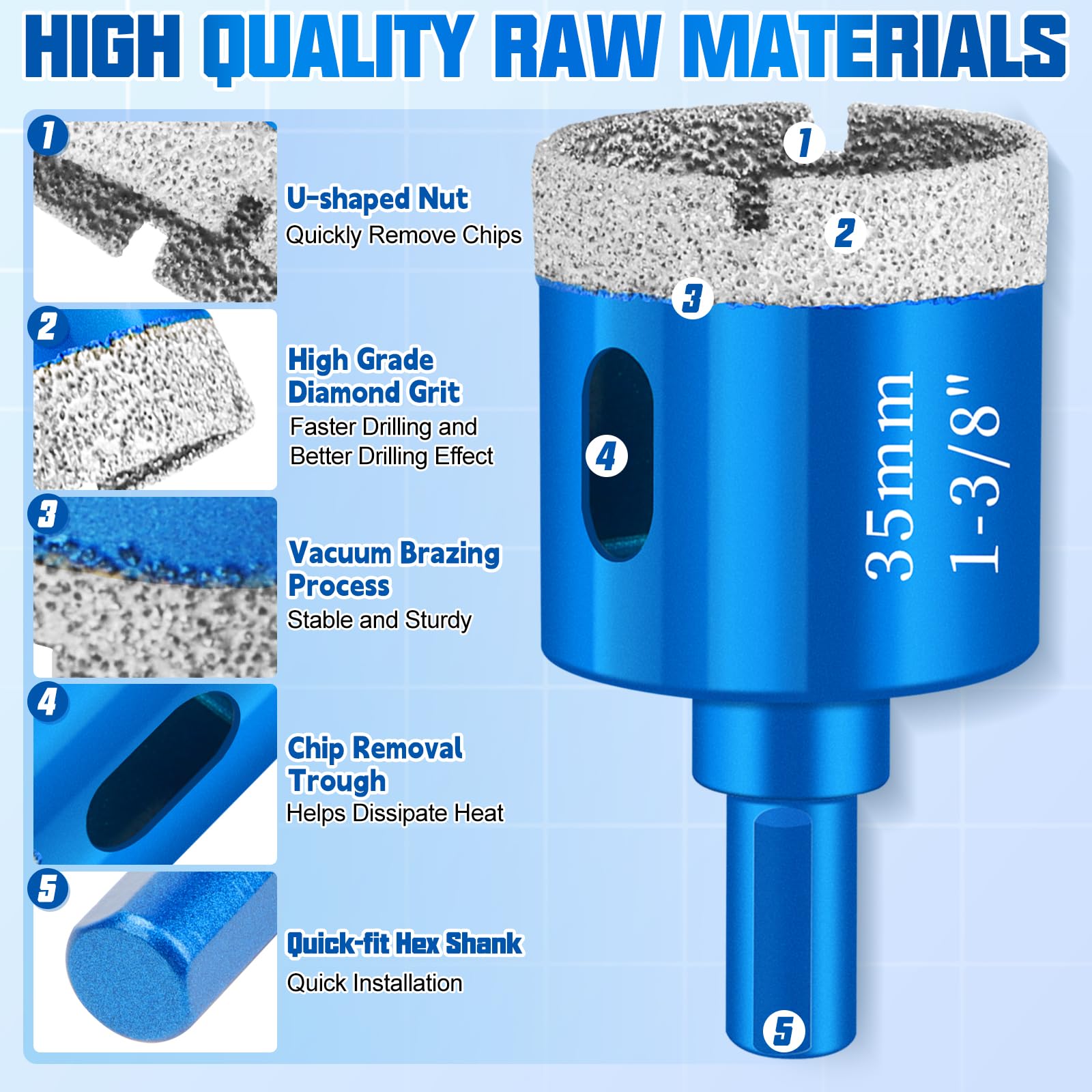 Set di 21 punte per piastrelle con punta per piastrelle M6 (5-50 mm) e punte per metallo da 5-12 mm, utensili per levigatura fine, adatti per vetro, granito e piastrelle