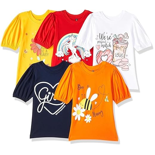 T2F Girls Cotton Printed Regular Fit Puff Sleeve T-Shirt (Pack of 5)