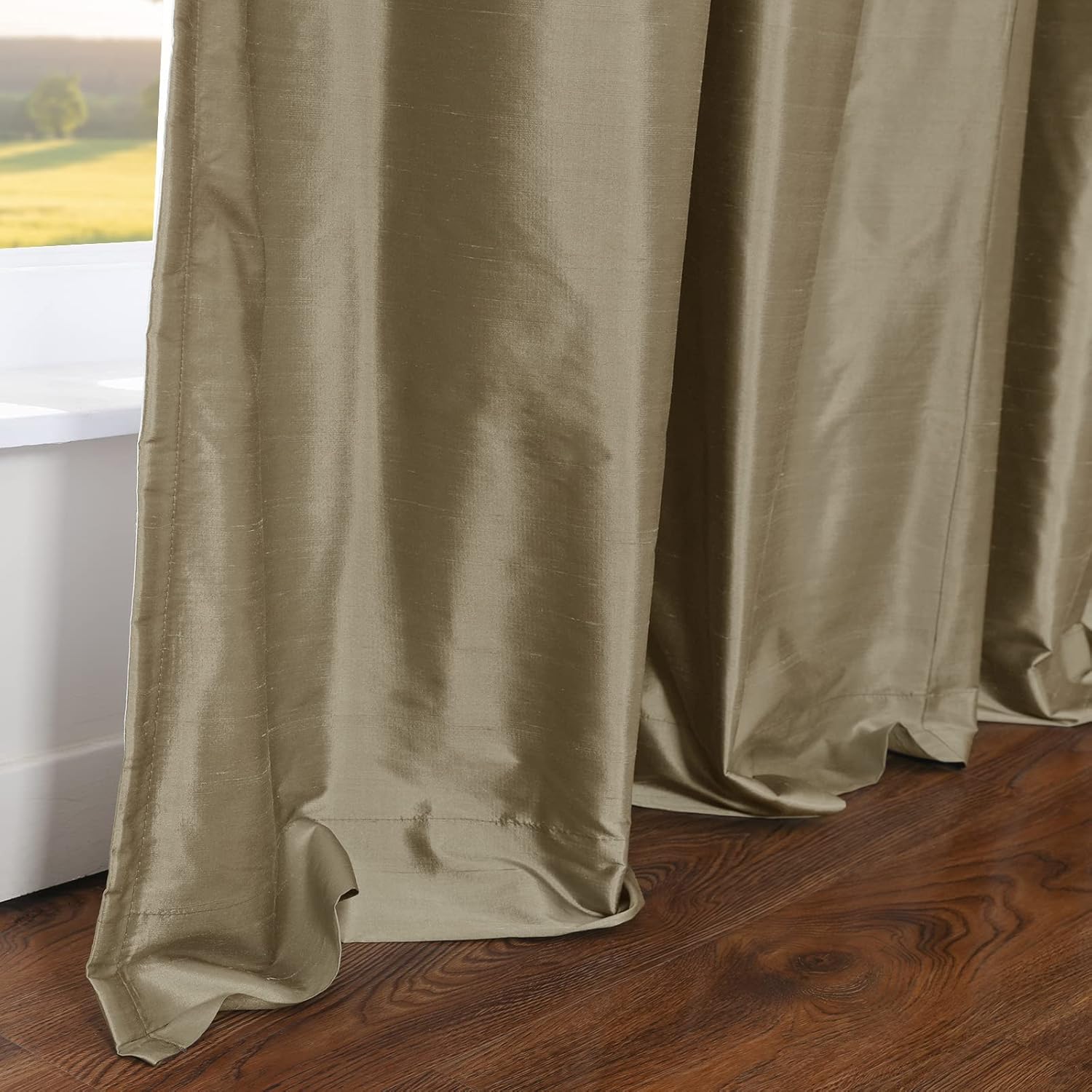 ChadMade 100% Dupioni Silk Curtain Elegant Lightweight Textured 96 Inches Long Cotton Lined Drape for Living Room Window Treatment 50Wx96L, 1 Panel, Fog
