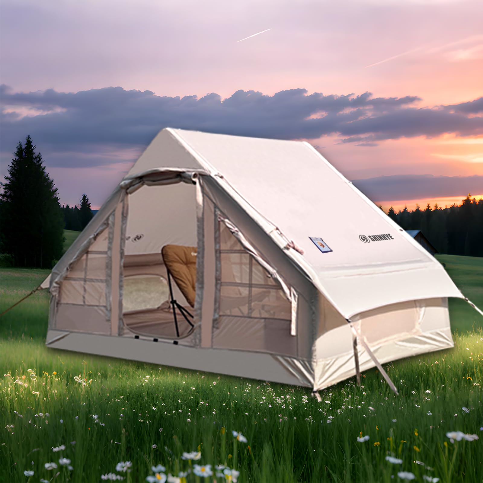 Inflatable Tent for Camping with Hand Pump Blow Up Tent Glamping 4 Season Air Tents, Easy Setup Waterproof Outdoor Oxford Army Green 4-6 Person House Breathable Large Luxury Tents