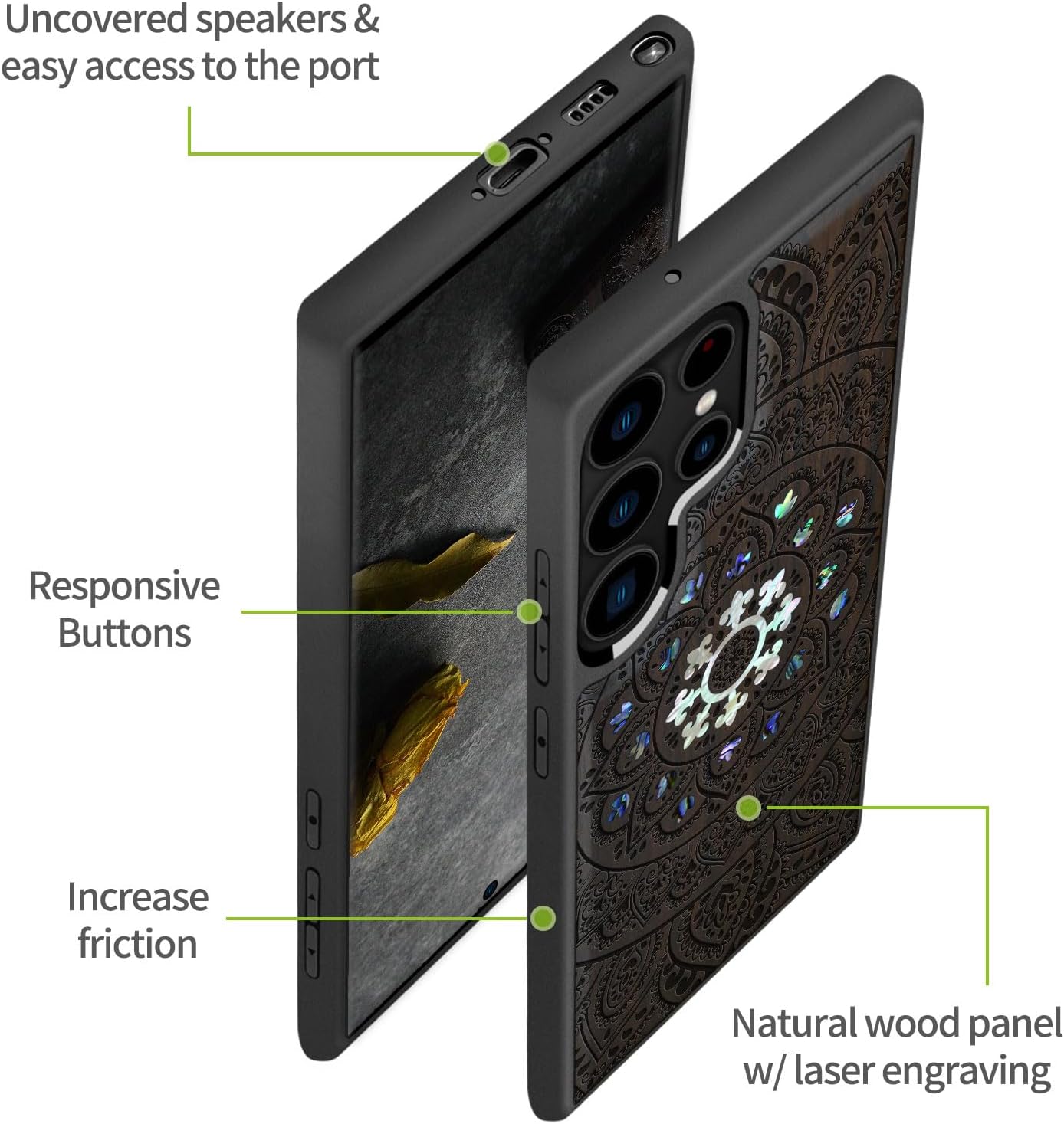 Carveit Designer Wooden Case for Samsung Galaxy S23 Ultra Cover [Wood Engraving & Shell Inlay] Compatible with Wireless Chargers S23 Ultra Case (Mandala Floral-Blackwood)