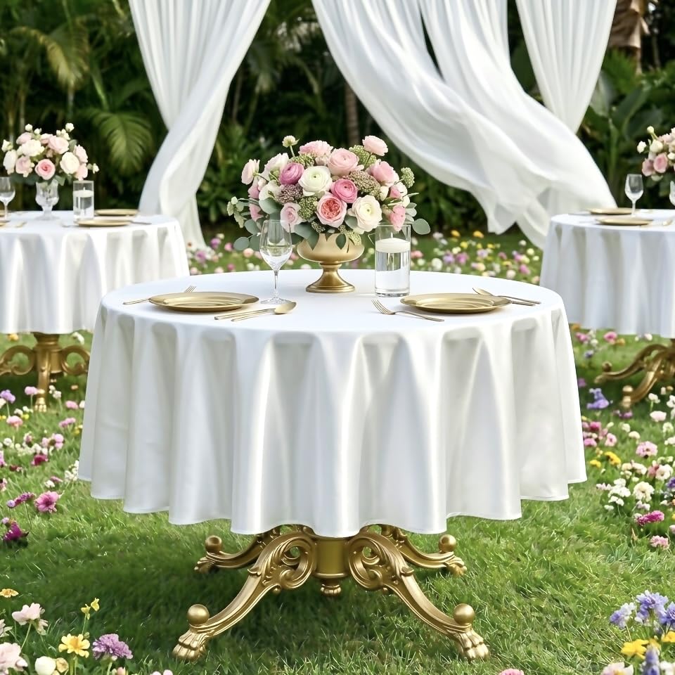 FAVE 2 Pack White Round Table Cloth 60 Inch, Washable & Durable Satin Elegant Table Cover for Wedding, Banquet, Party Formal Events(White, 60inch)