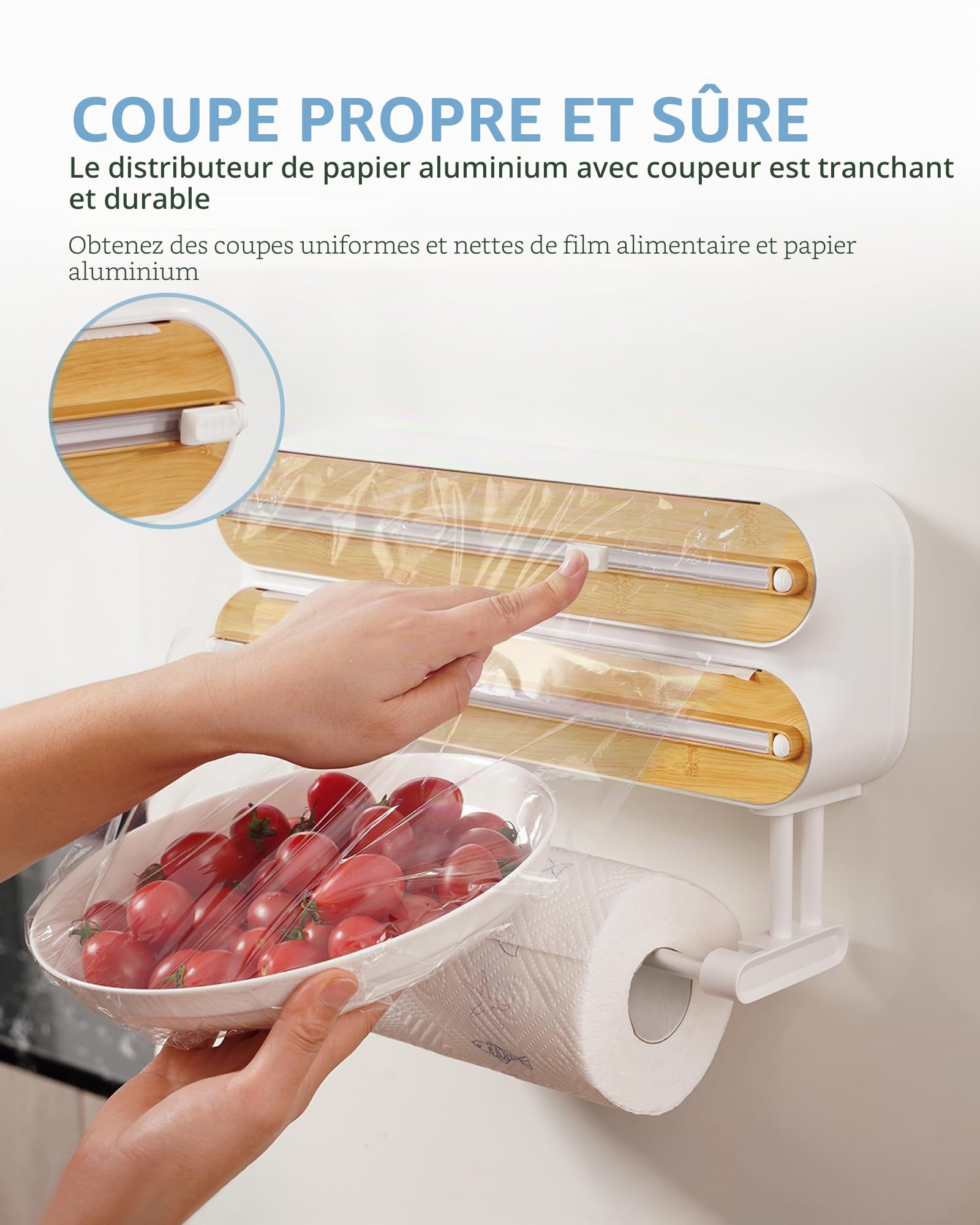 3 in 1 Derouleur Film Alimentaire avec Porte Sopalin Cuisine, Distributeur Film Alimentaire, Magnétique Distributeur Papier Aluminium et Film avec Coupeur (Couleur Bambou et Bois)