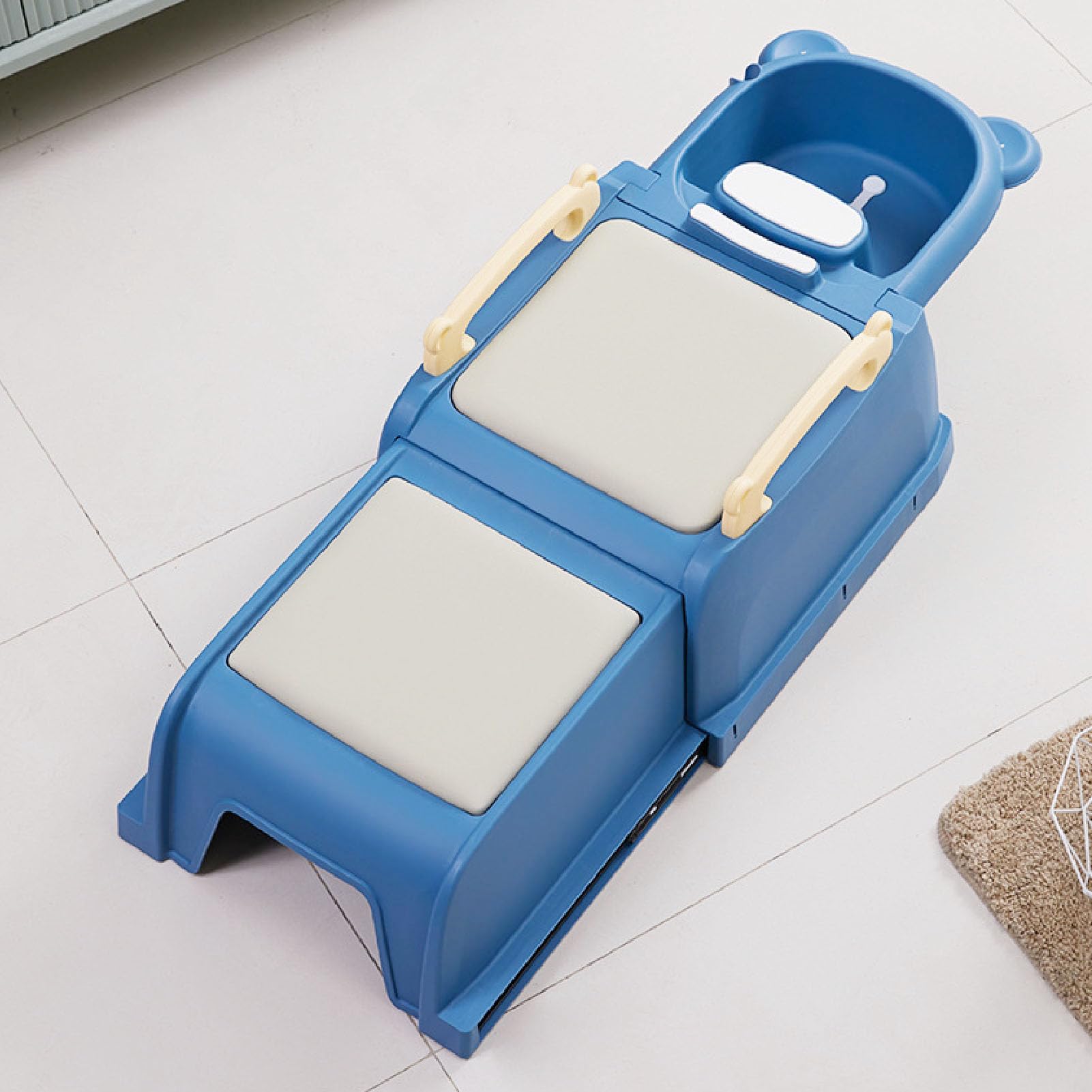 Einziehbarer Shampoo-Stuhl für Kinder, Haarwaschstation für Kleinkinder mit weichen, gepolsterten Armlehnen und Kopfkissen, rutschfeste Baby-Shampoowanne mit Abflussrohr für (Blau)