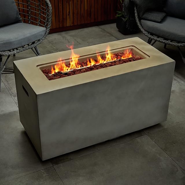 VonHaus Gas Fire Pit  Rectangle Firepit for Outdoor, Garden, Patio  MgO Material with Cover, Regulator, Hose, Carry Handles  Adjustable Flame Settings  Compatible with Propane  Faux Concrete