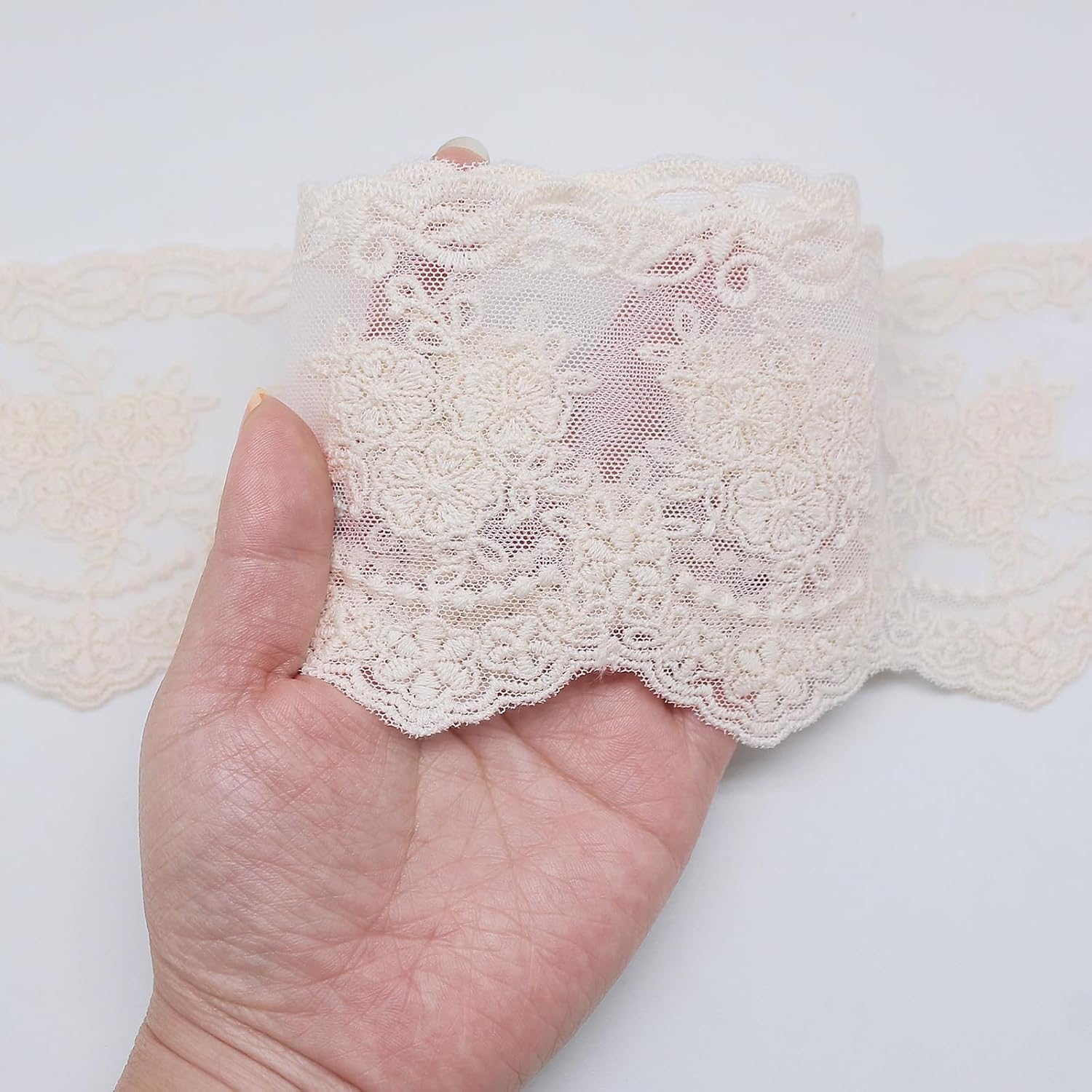 Lace Trim Ribbon 3.3inch x 5 Yards Delicate Crown Floral Tulle Vintage Ribbon for Bridal Wedding Applique Decoration DIY Crafts Sewing (Beige)