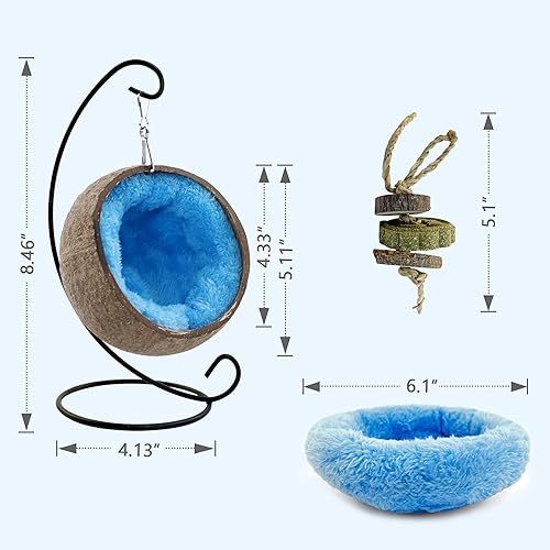 Miniatura 2 de Ranslen Hamster de coco natural con suspensión de juguete molar, casa de cama de hámster con almohadilla cálida, accesorios de decoración de hábitat