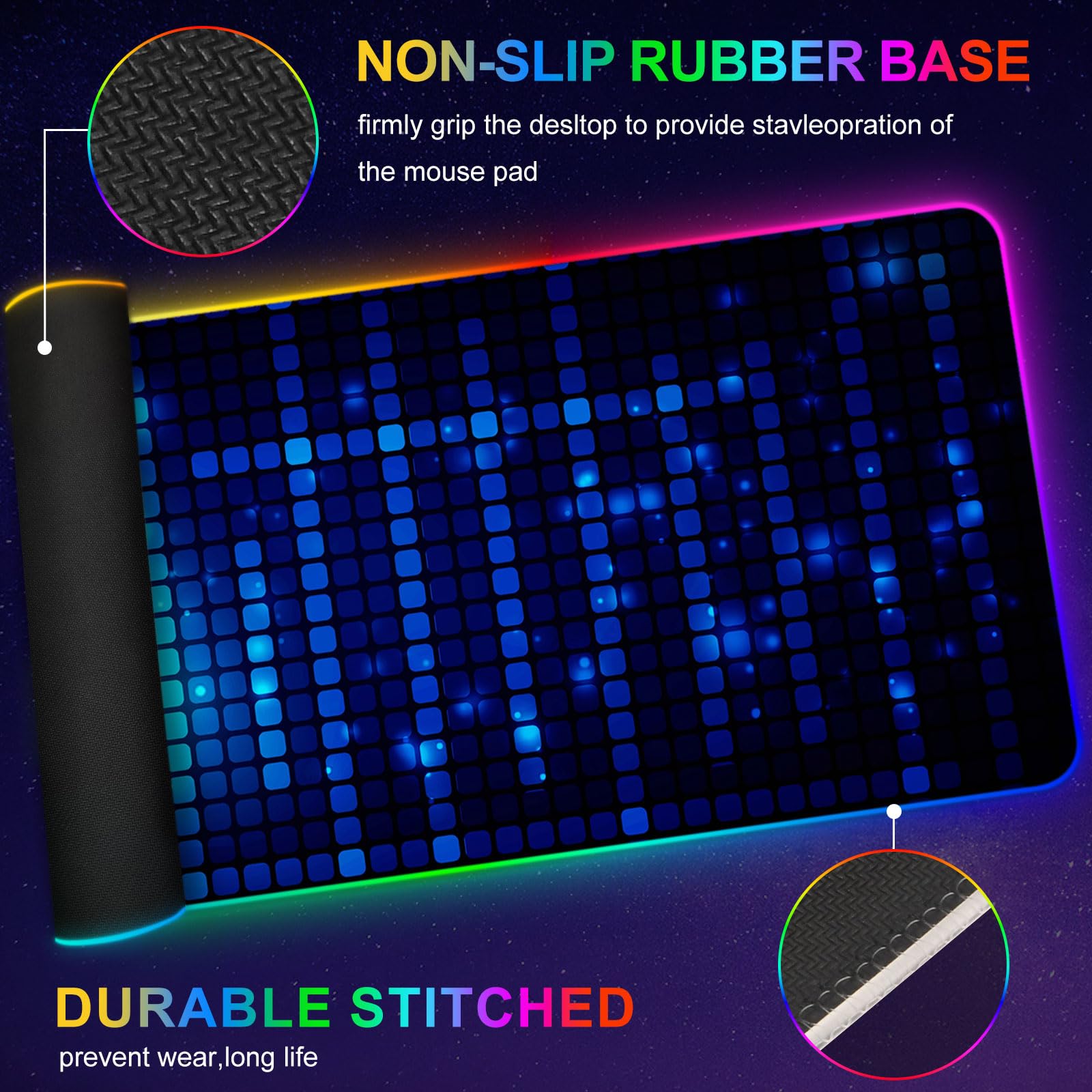 ARTSO Blue RGB Gaming Mouse Pad, XXL Mousepad Non-Slip Rubber Base, Cool Computer Desk Pad Keyboard Mat LED Glowing Square Extended Mouse Pad for Gamer