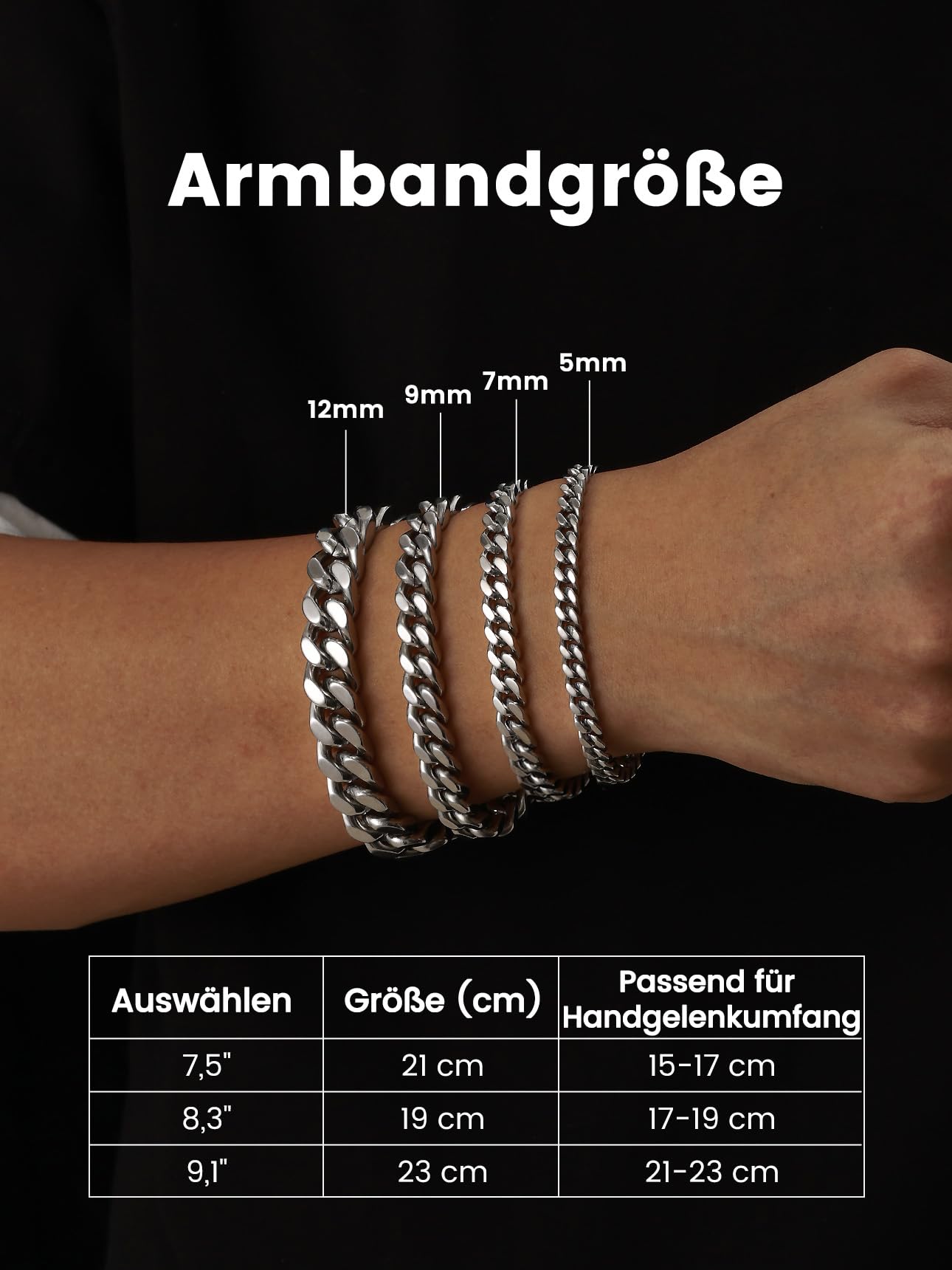 Bestyle Armband Herren Edelstahl Panzerkette - Silber/Schwarz/Gold Armbänder für Männer 5/7/9/12.5MM Breit - 19/21/23CM Länge Kubanische Herrenarmband Geschenke für Papa Bruder Ehemann Sohn