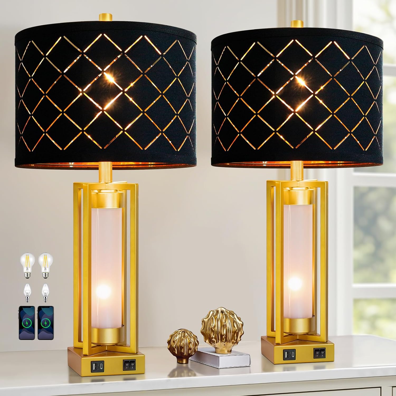 RORIANO Set of 2 Modern Table Lamps for Living Room Bedroom with USB C+A, Rustic Nightstand Lamps with White Night Light, Black Grid Shade, Desk Lamps for Bedside End Tables, 4 Bulbs Included (Gold)