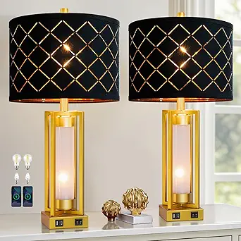 RORIANO Set of 2 Modern Table Lamps for Living Room Bedroom with USB C+A, Rustic Nightstand Lamps with White Night Light, Black Grid Shade, Desk Lamps for Bedside End Tables, 4 Bulbs Included (Gold)