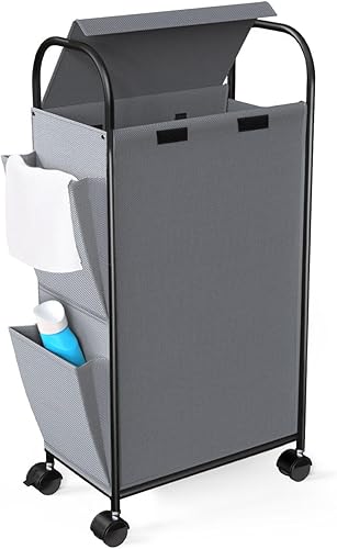 Miniatura 1 de Luxspire Cesta de lavandería delgada de 75 L con ruedas, cesta de lavandería enrollable de 75 litros con tapa, cesta de ropa extraíble con marco de