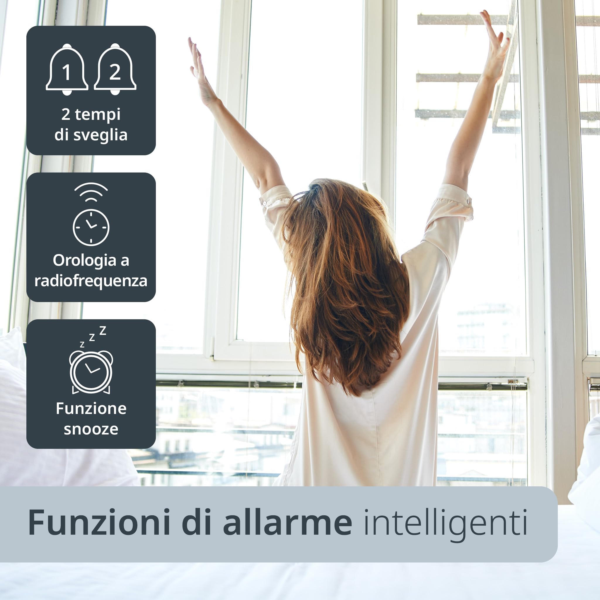 ADE Orologio digitale radiocontrollato con cifre molto grandi | Orologio da tavolo o parete con 2 orari di sveglia e illuminazione | Termometro Igrometro | Cornice stretta in nero opaco