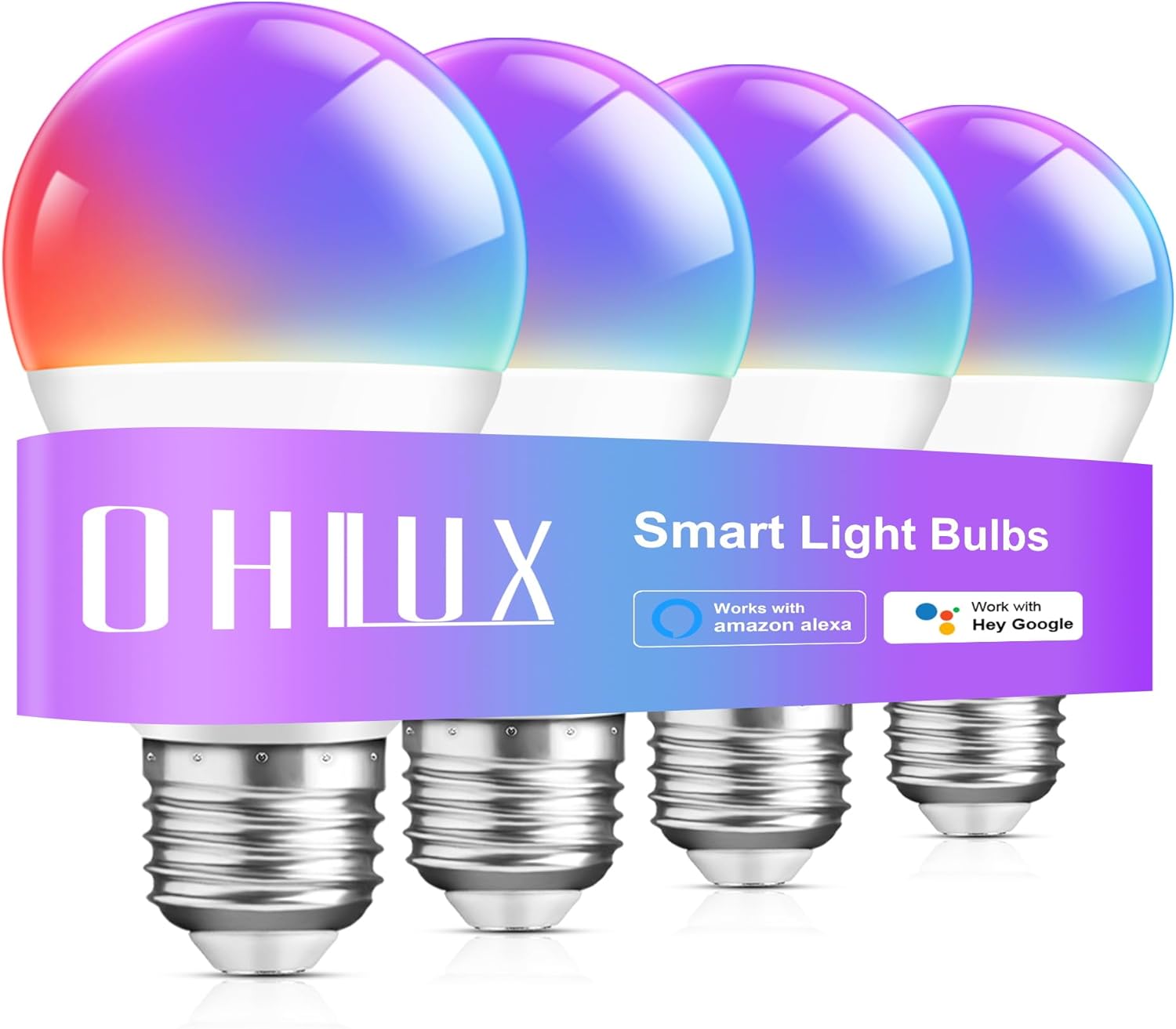 OHLUX Smart Light Bulbs, Color Changing LED Bulbs for Alexa and Google Assistant, 2.4GHz WiFi and Bluetooth with Music Sync, E26 A19, 120V, 4 Pack