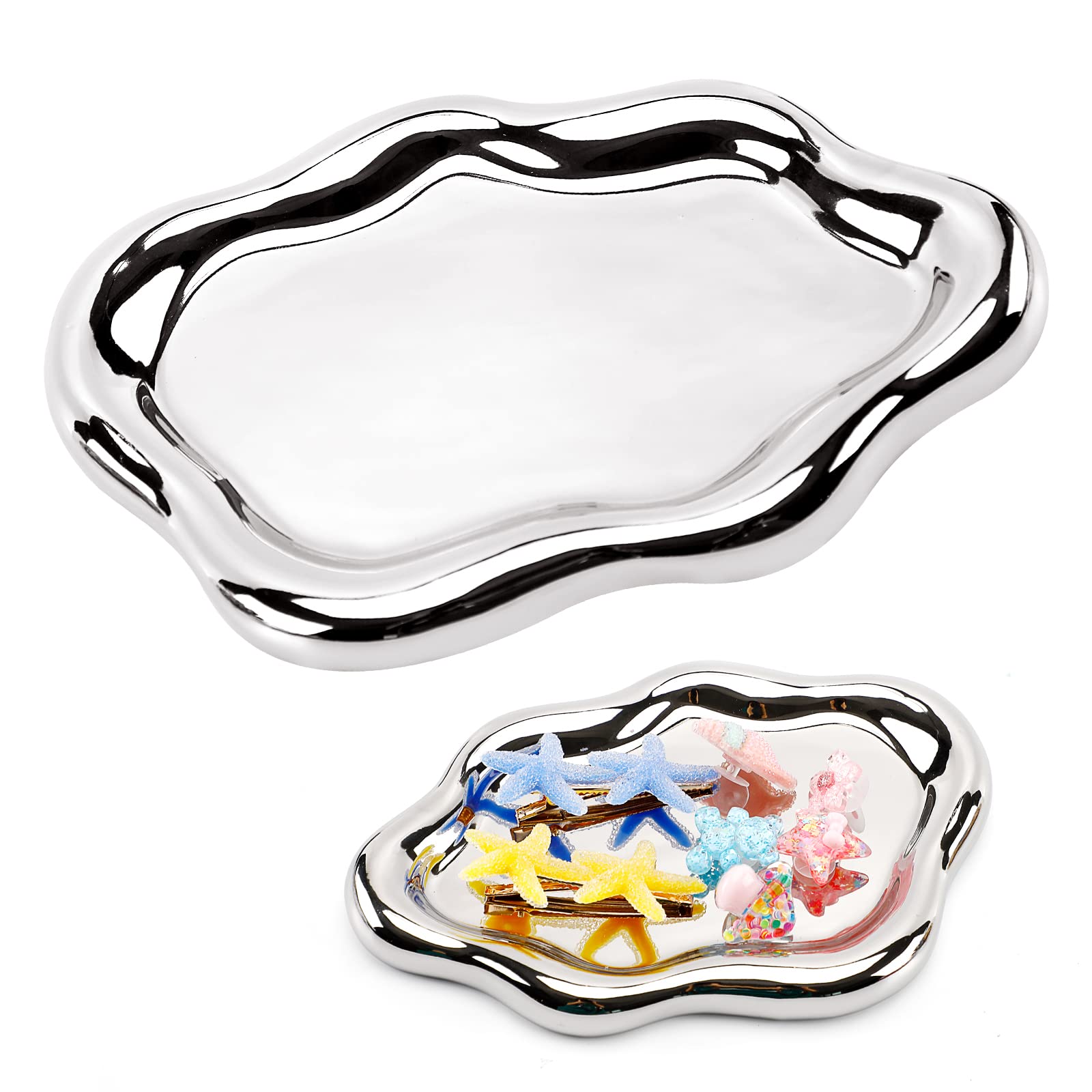 Ceramic Jewelry Dish, Ring Dish, Cloud Jewelry Tray for Entrance Table Room Decoration Mother's Day Birthday Christmas Gift (Silver)
