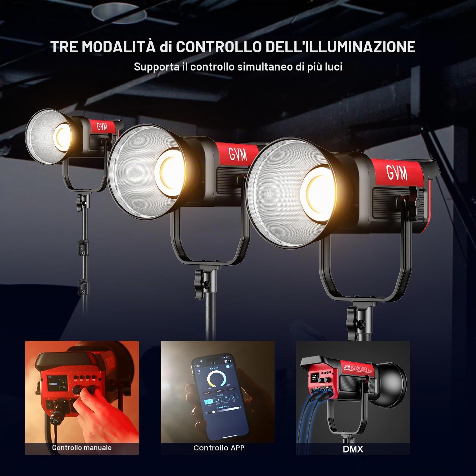 GVM - Luce video a LED, 300 W, 300 W, luce da studio a LED, 65000 Lux/1 m, per video studio, YouTube foto, CRI97+, 12 effetti, 2700 K – 6800 K, controllo DMX/APP