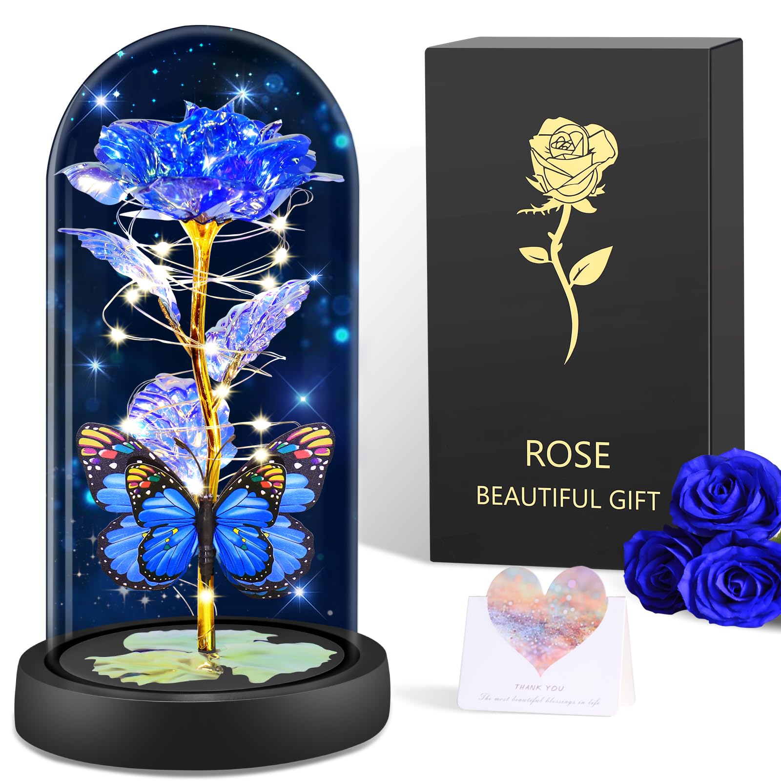 Geschenke für Frauen, Ewige Rose LED Glas mit Schmetterling Dekoration, Geburtstagsgeschenk für Mama, Freundin, Ehefrau, Oma, Schwester(Klassische Blaue Rose-)