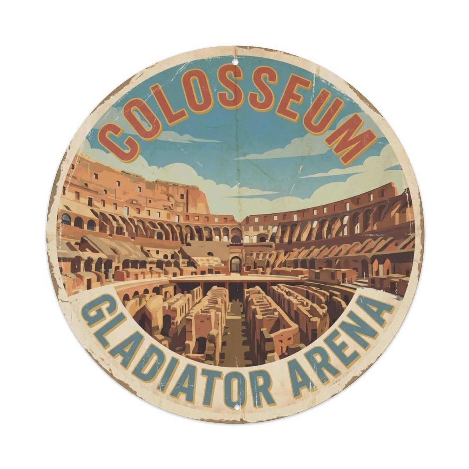 Vintage Travel Colosseum Amphitheater Gladiator Metal Tin Sign Plaque Wall Decor for Cafe, Club Bar, Office, Home Garden Round Metal Poster 8x8Inch