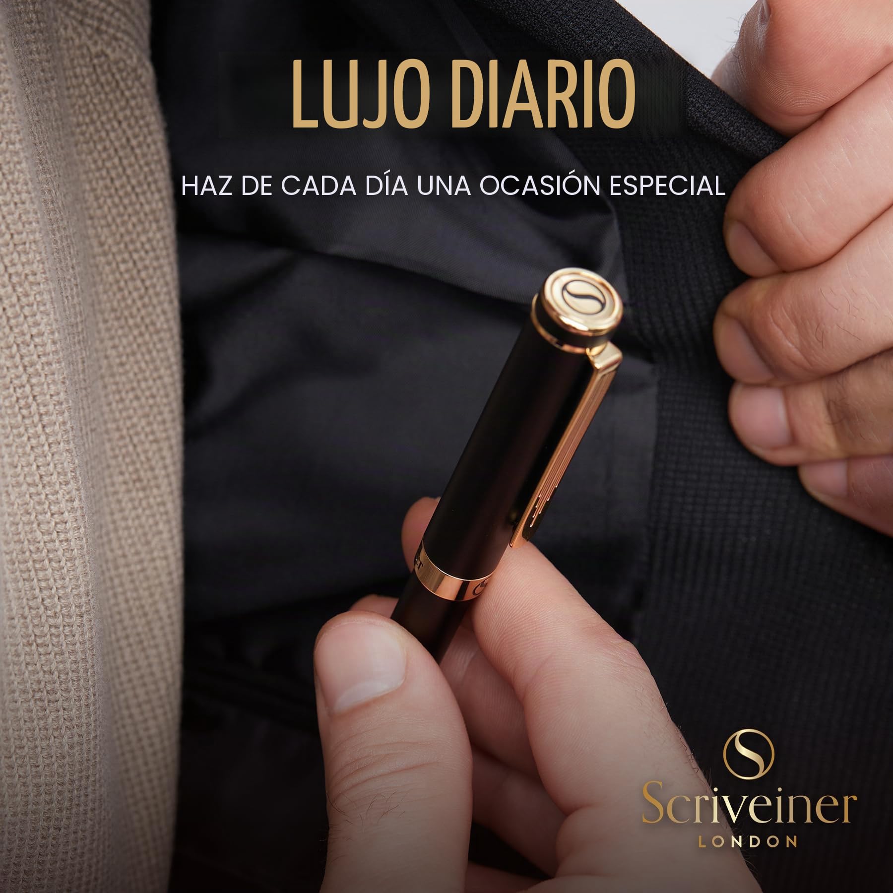 Scriveiner Bolígrafo Rollerball EDC Negro de Lujo, Impresionante Bolígrafo de Bolsillo con Acabado en Chapado en oro auténtico, Recambio Schmidt Alemán, Buen Regalo, Elegante Set de Diseño