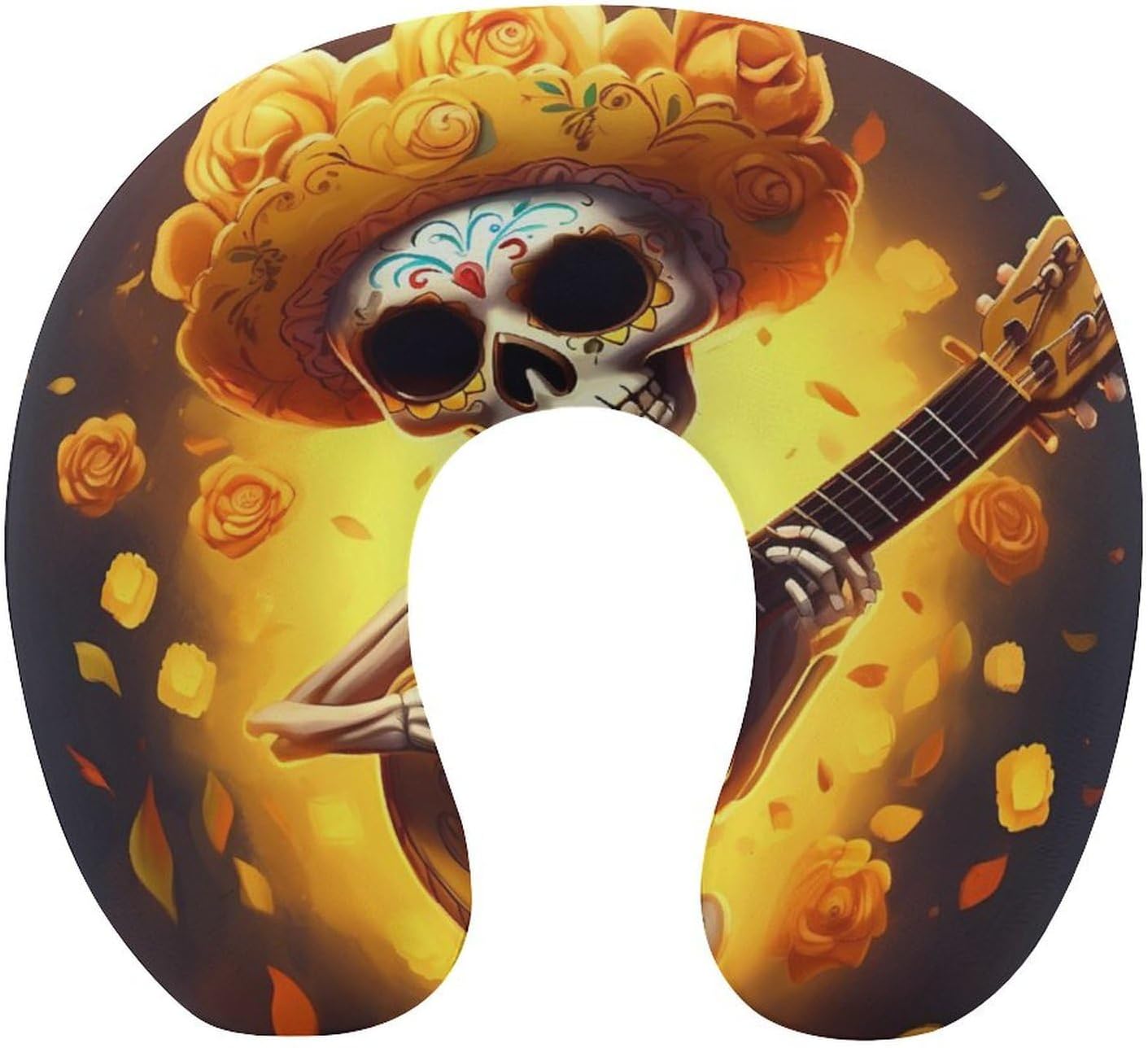 Funny Skull Playing Guitar Yellow Flower U Shaped Neck Pillow Portable Travel Airplane Headrest Pillow Lightweight Support Pillow Cushion