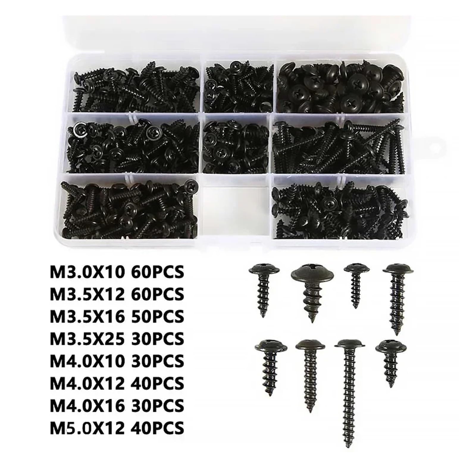 340 Pezzi/Scatola Viti autofilettanti a Testa a Croce Set a cilindrica Kit assortimento mobili Neri Acciaio al Carbonio M3/M3.5/M4/M5 Dadi Quadrati(5 Boxes)