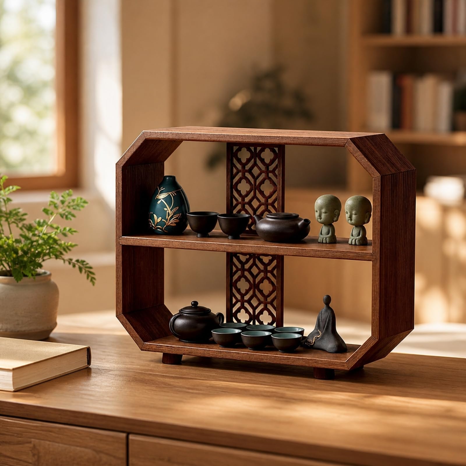 Baoblaze Étagère à Thé en Bois Carbonisé Polyvalent Présentoir Octogonal à Étagères Stable Meuble Miniature en Bois Quatre Pieds pr lon, 35x10x47cm