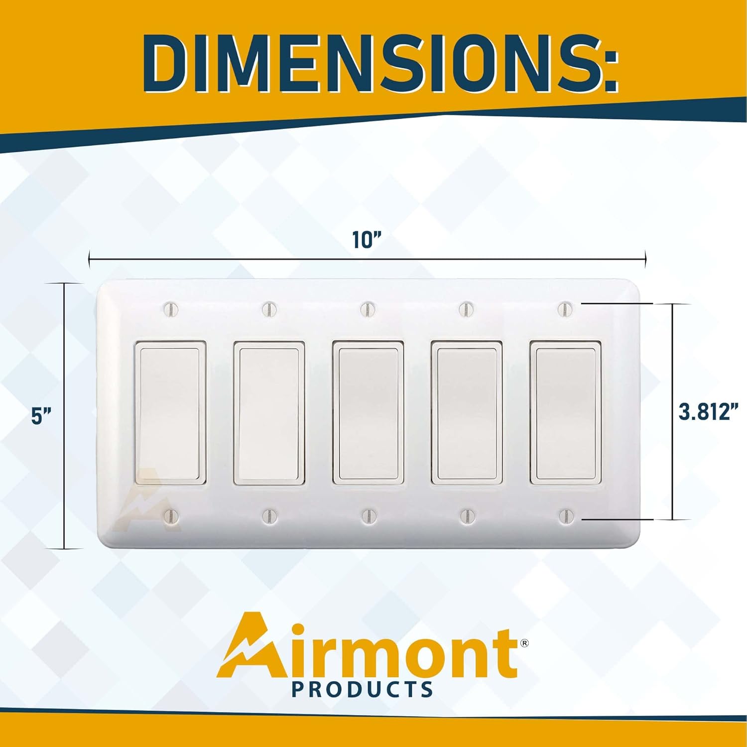 (5 Pack) Airmont Products AP-12075, White Metal Decorative Wall Plate, Princess Style 5 Gang, 5" x 10" Unbreakable, Smooth White Painted Metal, Impact Resistant, Matching Screws Included