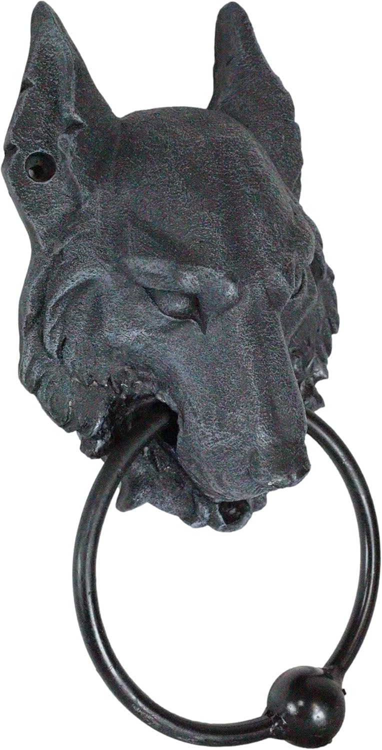 Ebros Gothic Gargoyle Moon Ghost Alpha Wolf Head Door Knocker With Metal Ring Knocking Ball Sculpture Howling Wolves Timberwolves Animal Spirit Accent