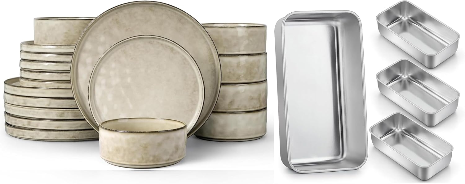 LIANYU 22 Piece Dinnerware Sets with Bread Loaf Pan, Stoneware Plates and Bowls Dish Sets, 9x5 Stainless Steel Meat loaf Baking Pan, Dishwasher Safe