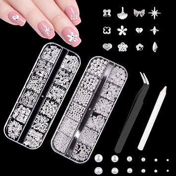 3D Nail Charms Flatback Pearls, Pearls for Crafts, Pearls with Rhinestones for Nail Art Women Girls Manicure Nails Supplies DIY Crafts Decorations