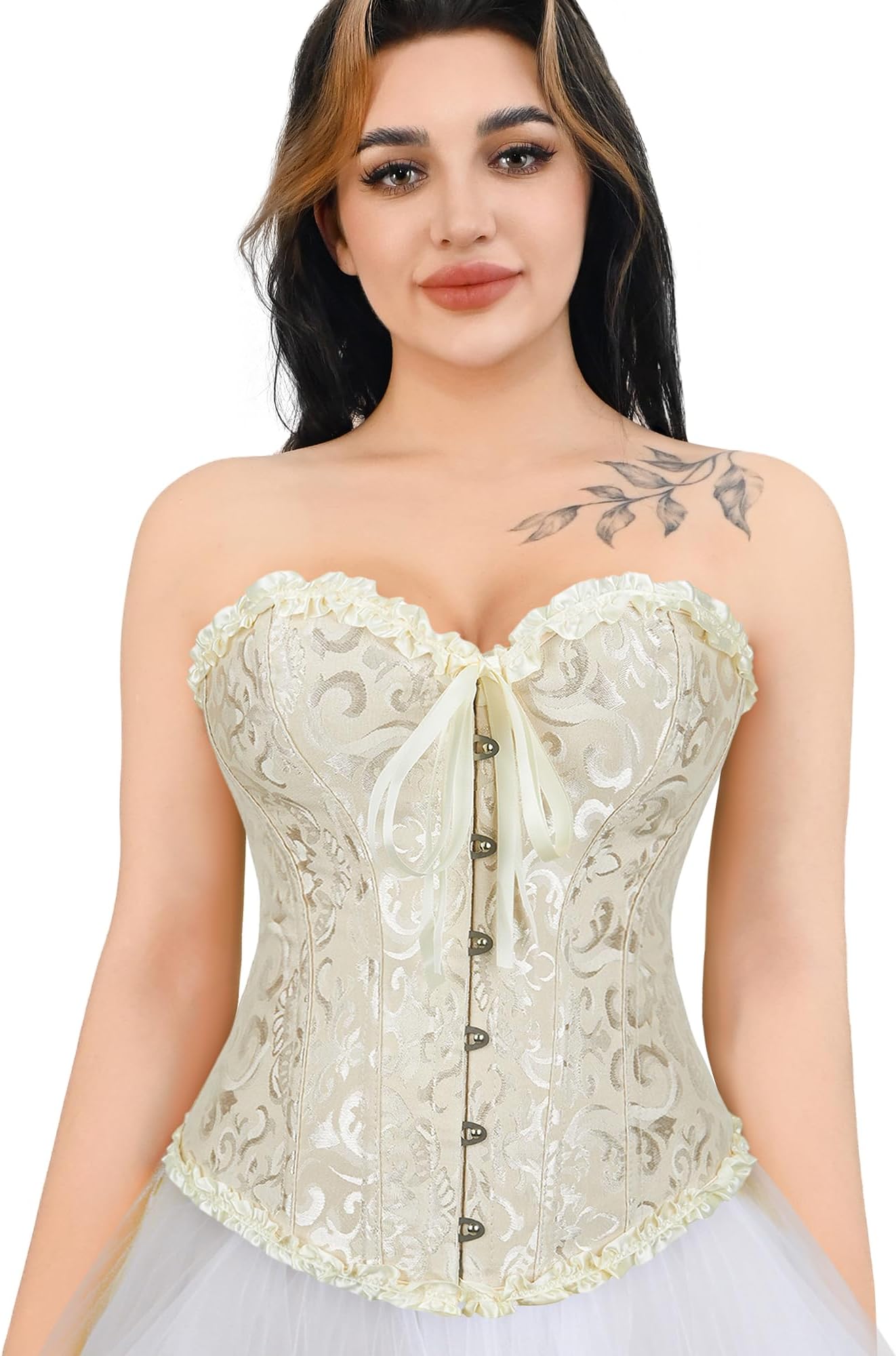 frawirshau Women's Lace Up Boned Overbust Corset Bustier Bodyshaper Top Beige M