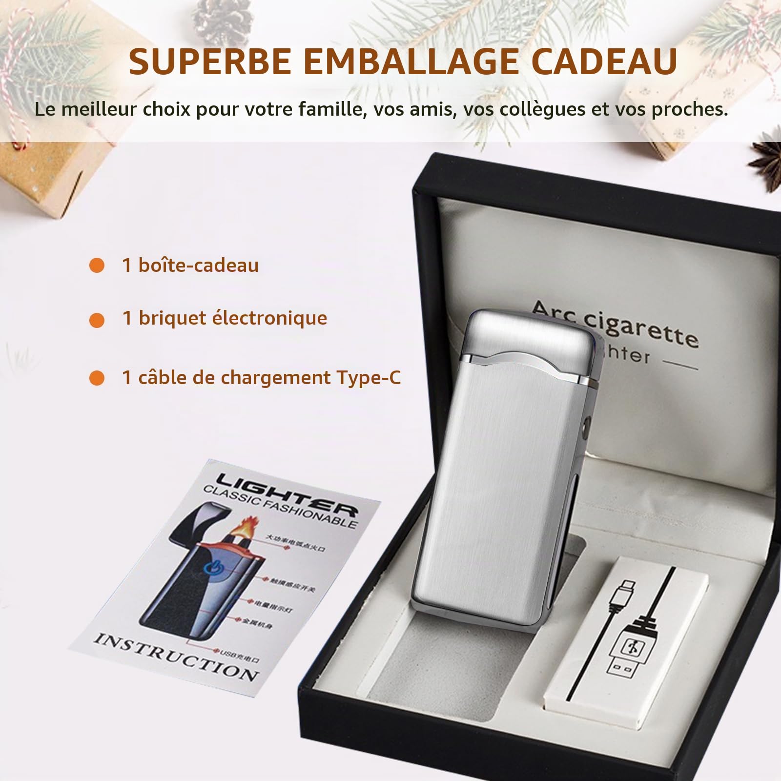 SKRFIRE Briquet USB C Rechargeable à Arc électrique Plasma pour Bougie électronique Coupe-Vent en métal Cool Torche Haute Puissance avec Coffret cadeaupour Homme et Femme (argenté)