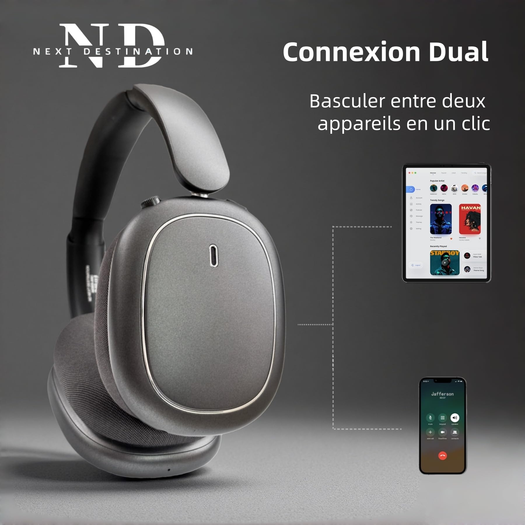 Next Destination ND905-ANC Casque sans Fil Bluetooth 5.4 à réduction Active du Bruit, Écouteurs Bluetooth 40 h d'autonomie, Basses puissantes, Microphones pour Les appels, Coussinets magnétiques
