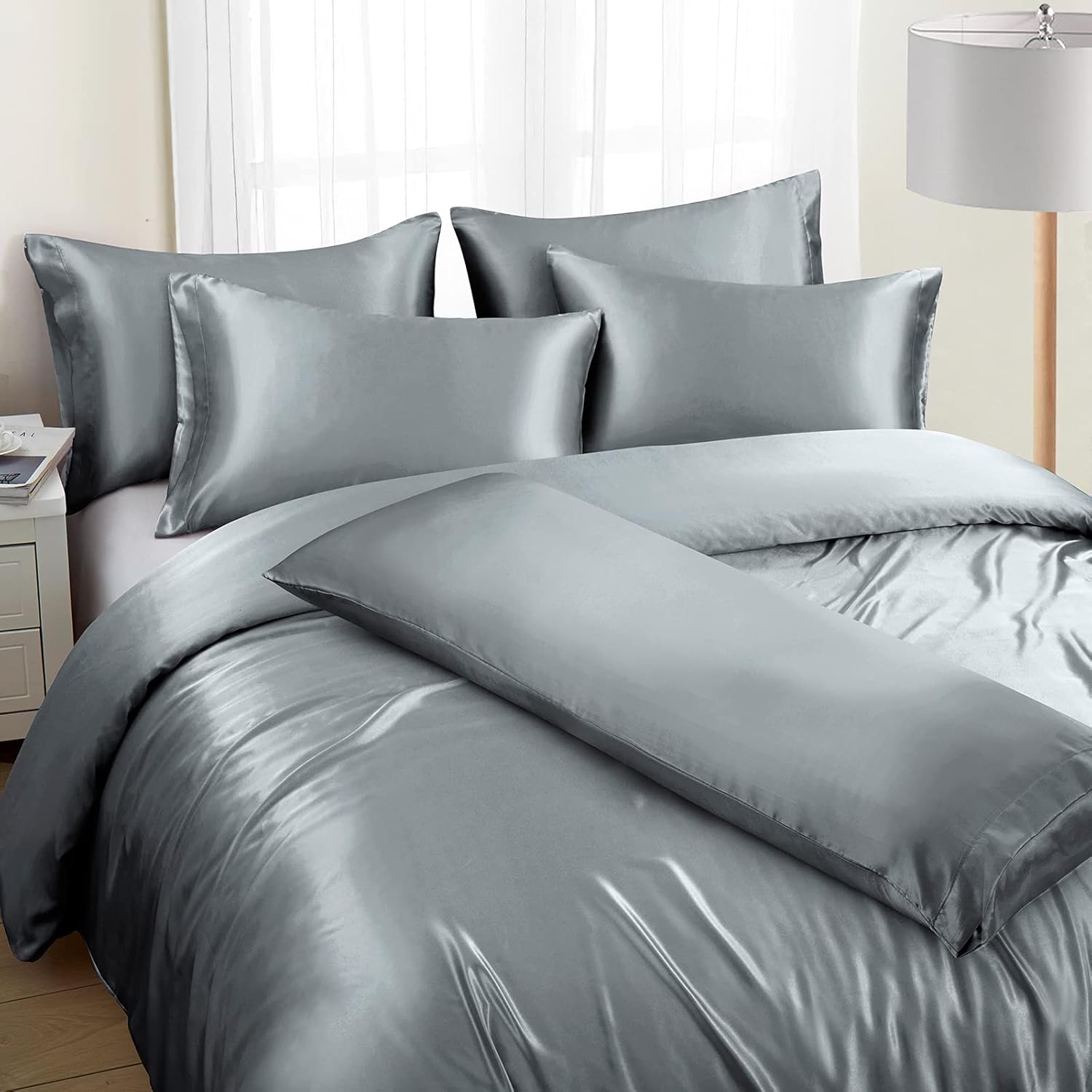 Ersmak 6 Pieces Satin Duvet Cover King Size Luxury Silky Bedding Duvet Cover Set with 1 Soft Duvet Cover, 4 King Pillowcases and 1 Body Pillowcase, Grey