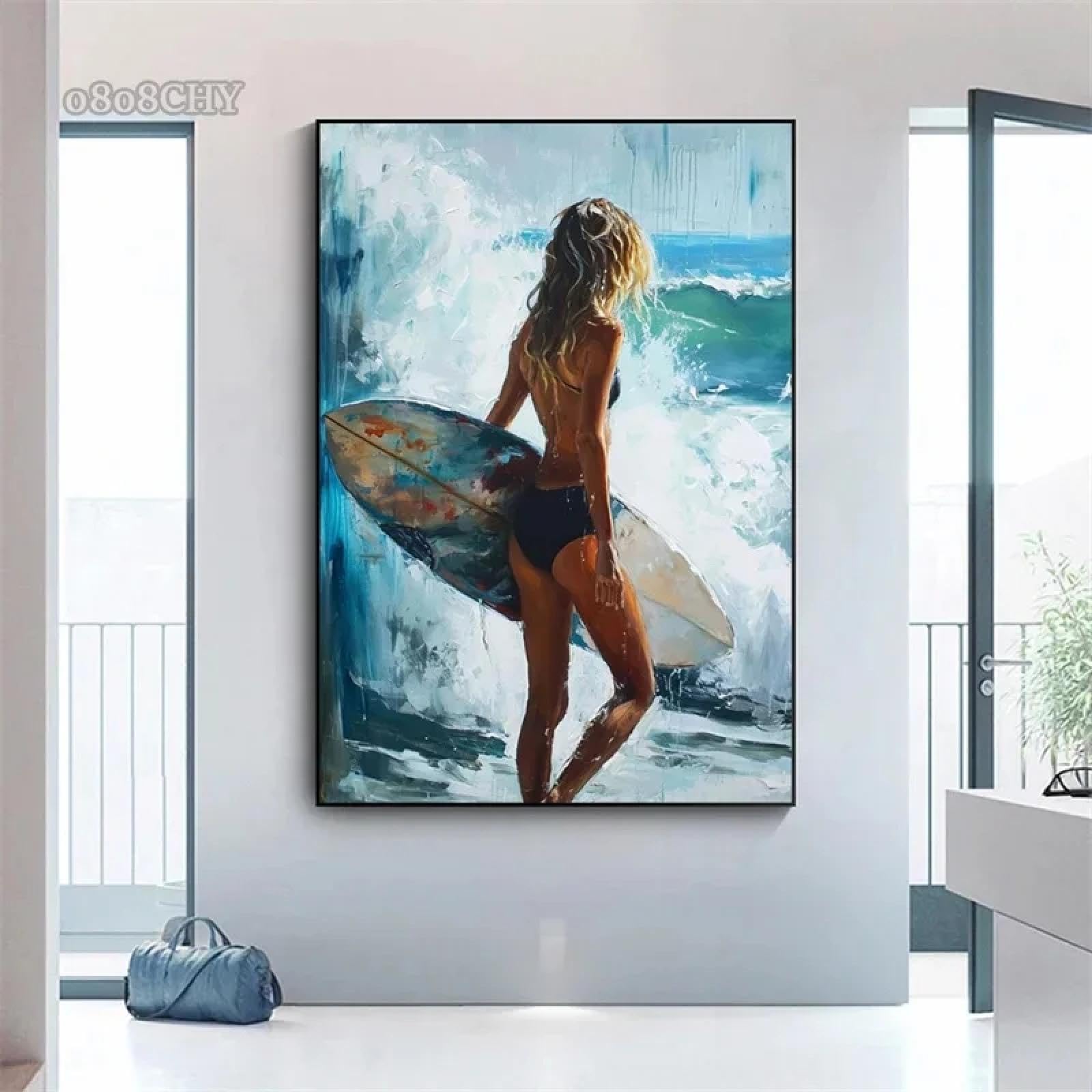 Toile abstraite surfeur évocation marine et sérénité de l'océan