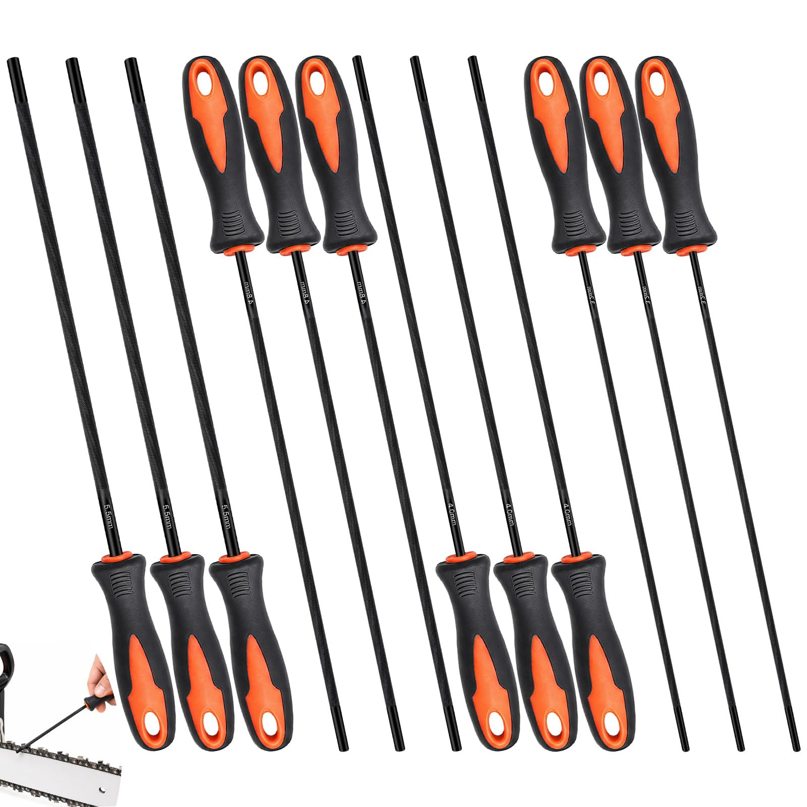 Akamino 12 Pcs Chainsaw Files, 3.2mm/4.0mm/4.8mm/5.5mm Round Chain Saw Sharpener Tool with Non-Slip Handle, Chainsaw Chain Sharpening File for Sharpen Low Profile Saw Chains
