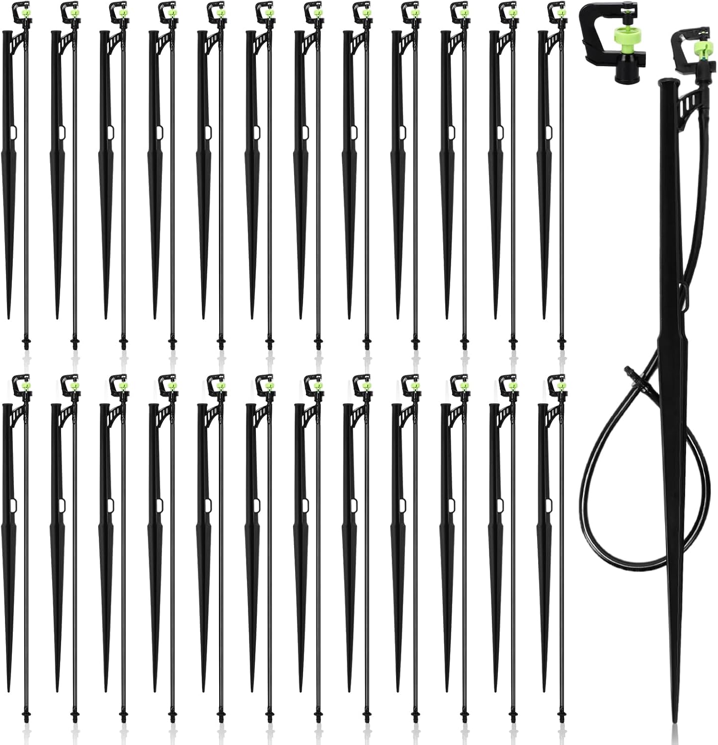 Briwooody 24 Sets 360 Degree Irrigation Sprinkler Heads with Stake Drip Micro Spray Emitters G-Type Adjustable Sprinkler Nozzle with Irrigation Tubing on Riser Stake for Garden Flower Plants Watering