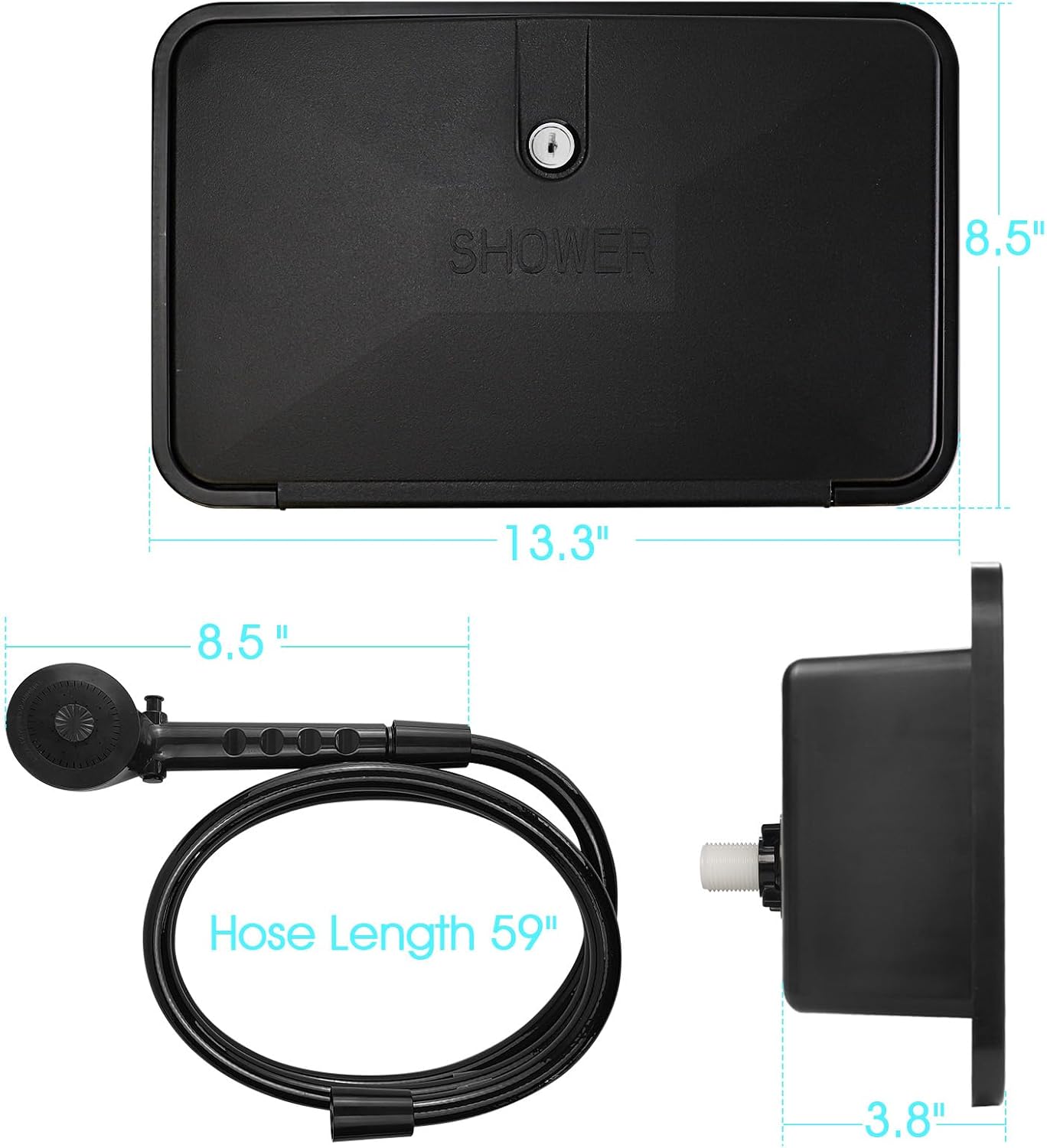 RV Exterior Shower Box Kit RV Outdoor Shower with Camper RV Outside Showers Faucet Valve + Coiled Hose + Sprayer Head + Lock, Replacement for Camper,Van,Travel Trailer,Motorhome and Boat,Black