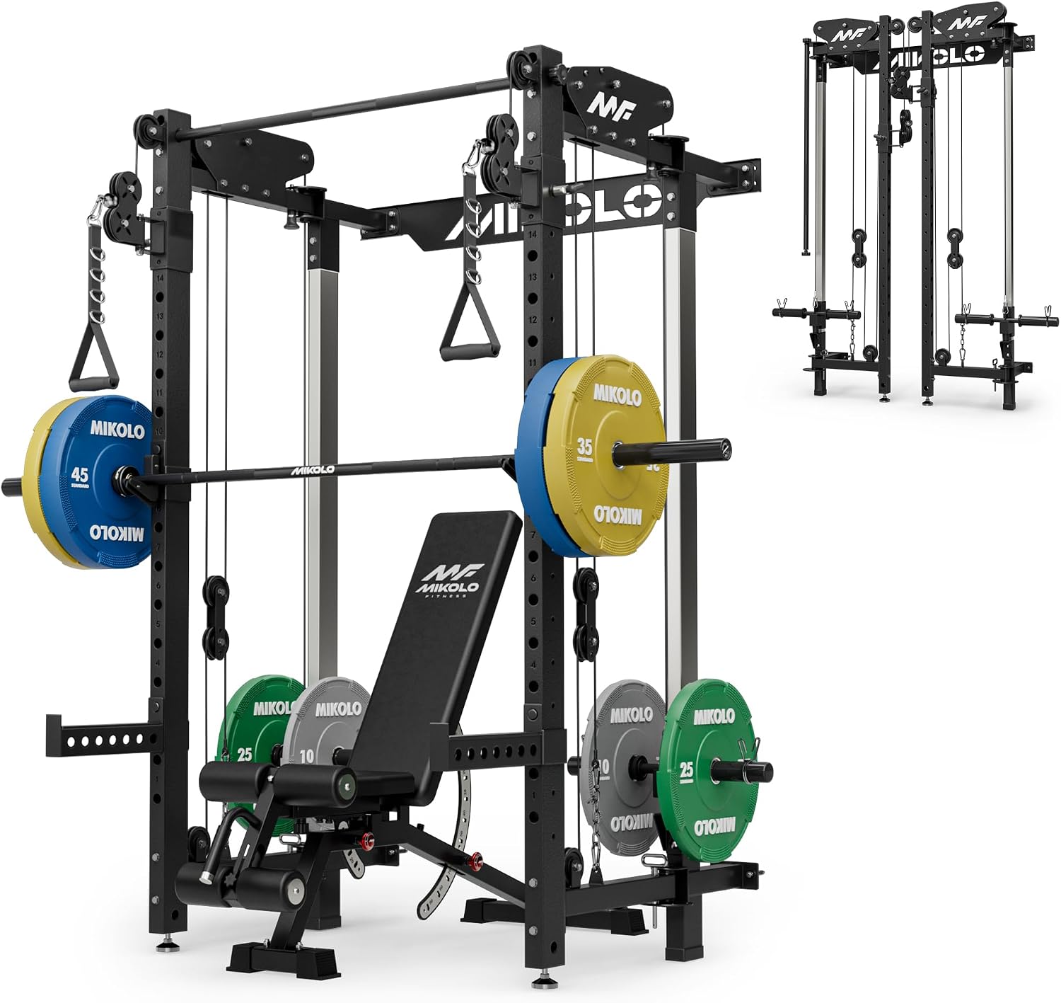 Mikolo Folding Squat Rack, Wall Mounted Power Rack with Cable Crossover Machine & LAT Pull Down, Functional Trainer with 5 Adjustable Function Modes, Home Gym Package