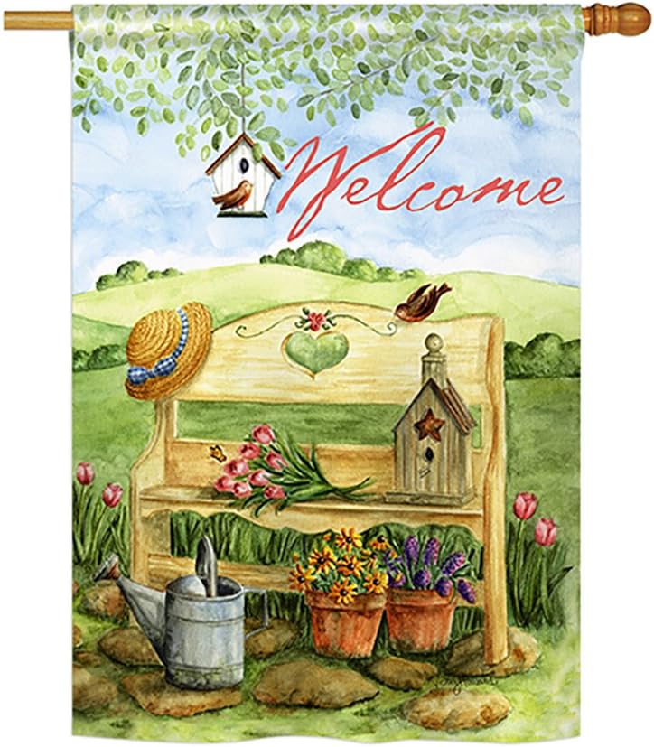 Breeze Decor - Welcome Garden Bench Spring - Everyday Impressions Decorative Vertical House Flag 28" x 40" Printed In USA