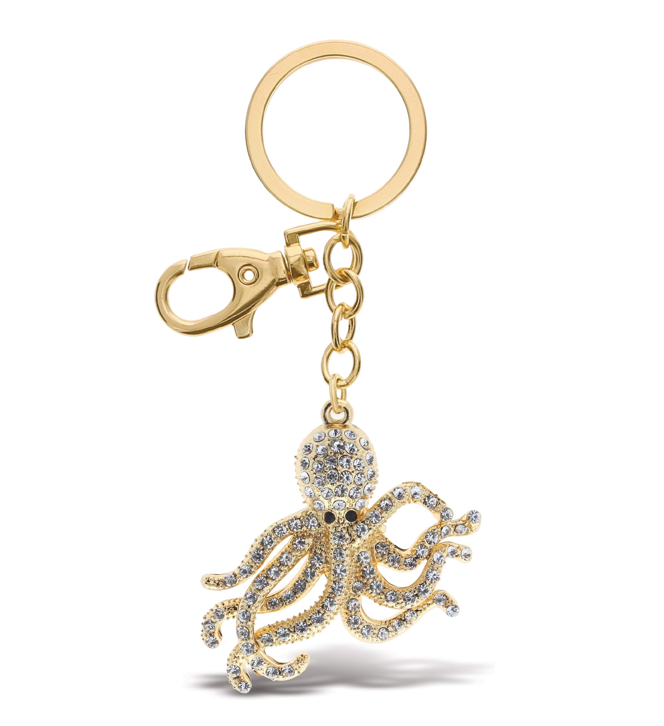 Aqua79 Octopus Keychain - Gold 3D Sparkling Charm Rhinestones Fashionable Stylish Metal Alloy Durable Key Ring Bling Crystal Jewelry Accessory With