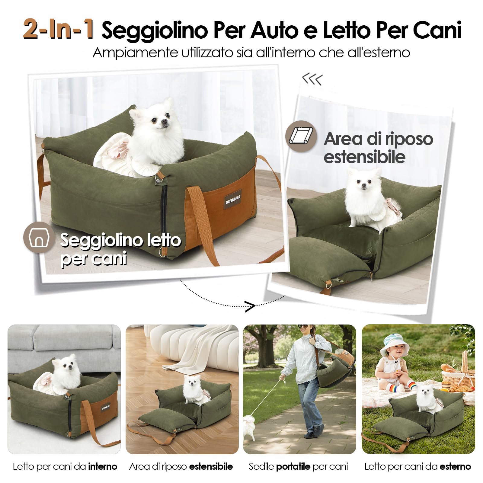 Seggiolino auto per cani di piccola taglia sotto i 15 kg, per cani di piccola taglia con zona di riposo allungabile, rimovibile e lavabile, cuccia per cani con scomparti e cintura di sicurezza