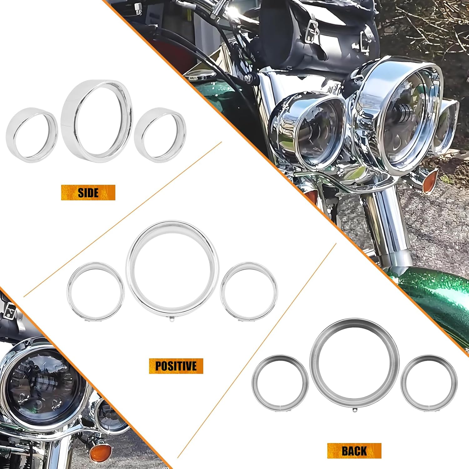 7" Headlight Trim Ring 4.5" Fog Light Trim Ring Set Visor Style Fit for Harley Softail FL 1994-2017 (Chrome)