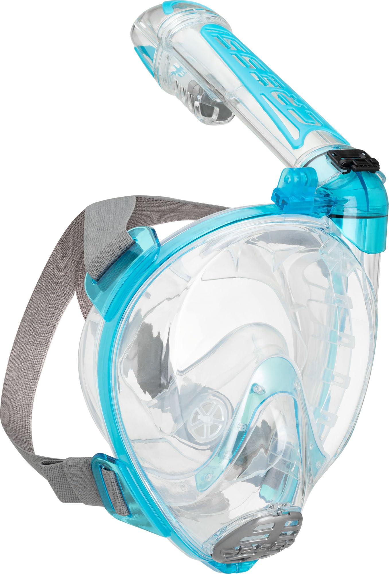Cressi dal 1946 - Duke Action Full Face Mask - Maschera Integrale CO2 Sicuro Grande Visione Snorkeling No Fog con Tubo Dry e Supporto Action Cam - Trasparente/Acquamarina - S/M - Unisex
